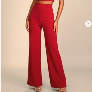 LULU's Sexy Stretch Sophisticated Chic Wide Leg HIgh Rise Red Pant Trousers